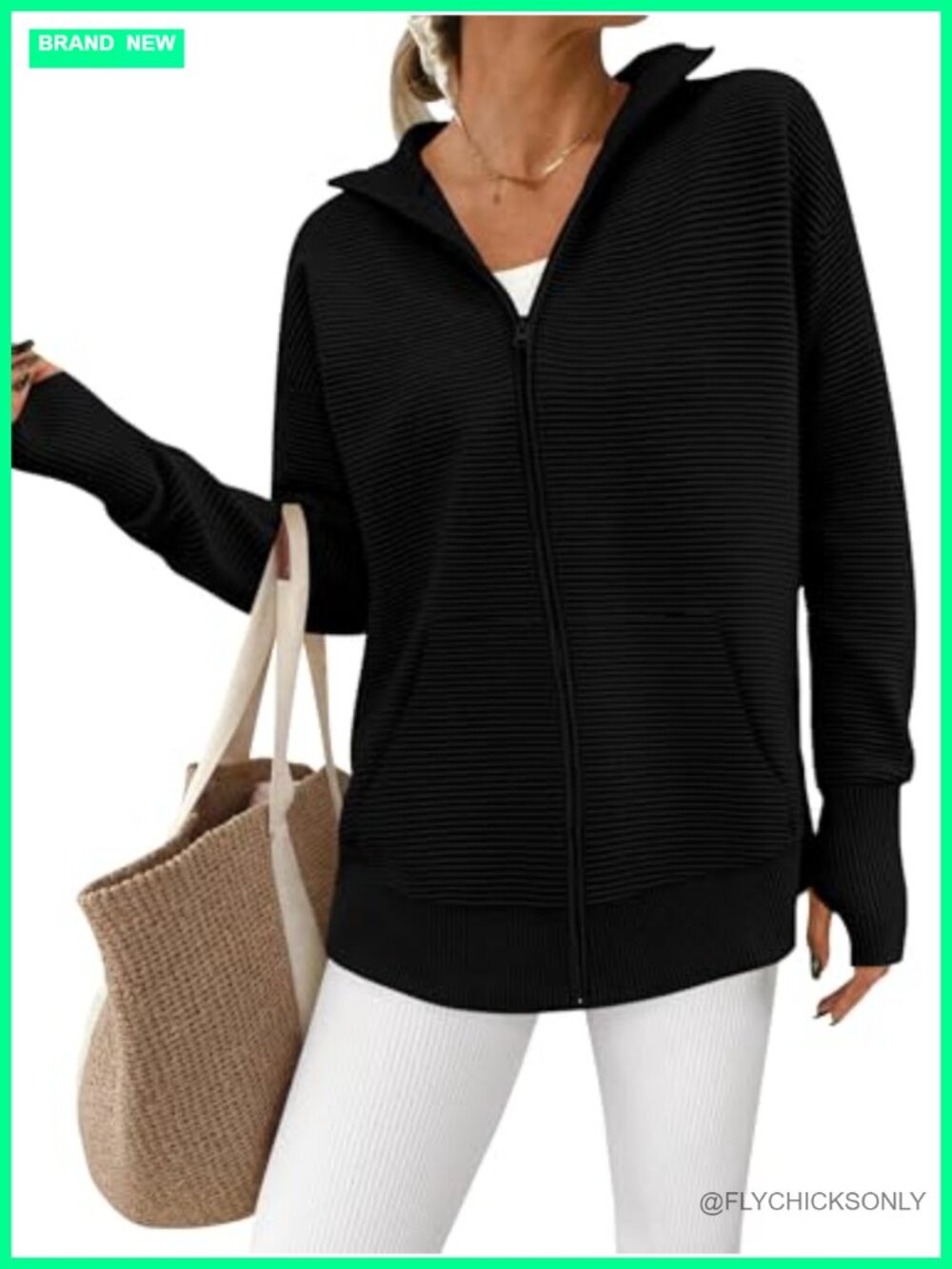 Long Sleeve Zip Up Ribbed Cardigan Sweater with Thumb Holes and Kangaroo Pocket